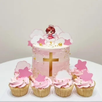 Pink Angel Baptism Cake with 6 Cupcakes in Abu Dhabi