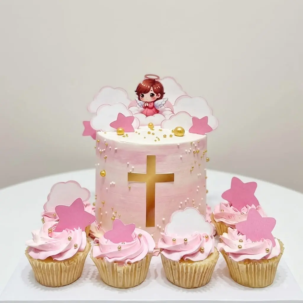 pink-angel-baptism-cake-with-6-cupcakes Pink Angel Baptism Cake with 6 Cupcakes in Abu Dhabi