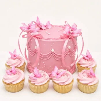 Pink Butterfly Cake with 6 Cupcakes