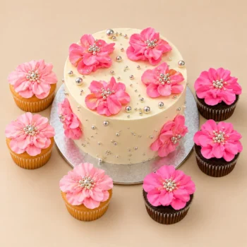 Vanilla Floral Cake with 6 Cupcakes