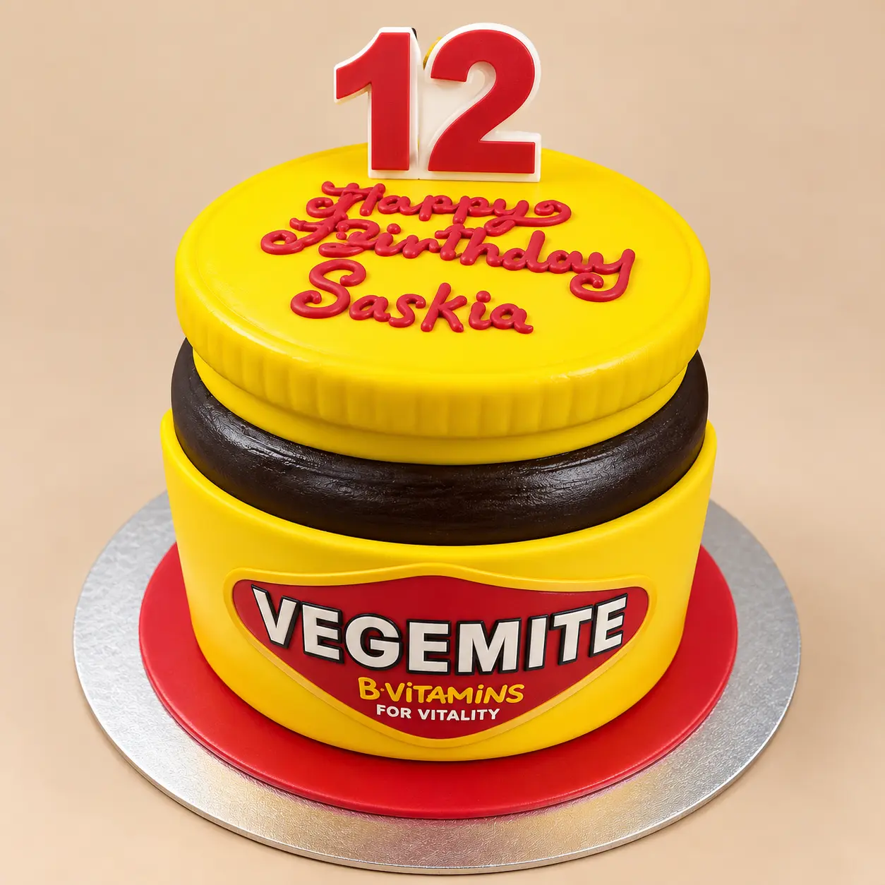 vegemite_jar_cake Custom Vegemite jar-shaped birthday cake with yellow frosting and personalised decorations by SJ Cake Art